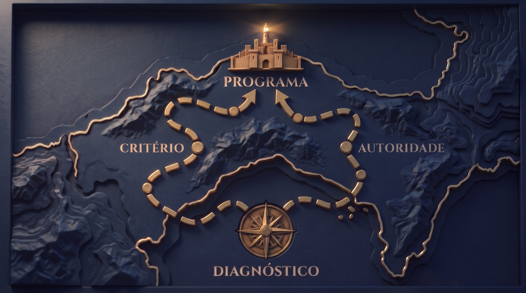 Mapa da arquitetura Prædictor: a rosa dos ventos do Diagnóstico ao sul, as trilhas de Critério e Autoridade ao centro, e a cidadela do Programa ao norte
