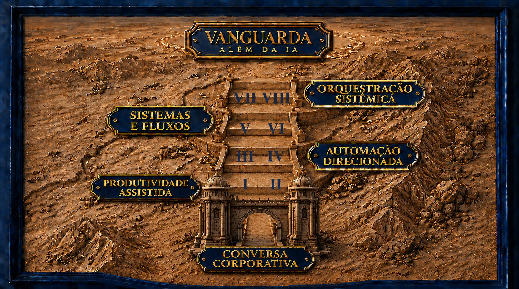 Mapa em relevo da região do Critério Executivo com IA: uma escadaria sobe de uma edificação ao sul, marcada Conversa Corporativa, passando por quatro terraços numerados em algarismos romanos — Produtividade Assistida, Automação Direcionada, Sistemas e Fluxos e Orquestração Sistêmica — até a placa Vanguarda, além da IA, no alto